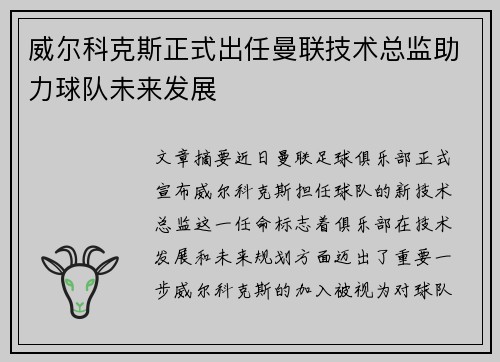 威尔科克斯正式出任曼联技术总监助力球队未来发展